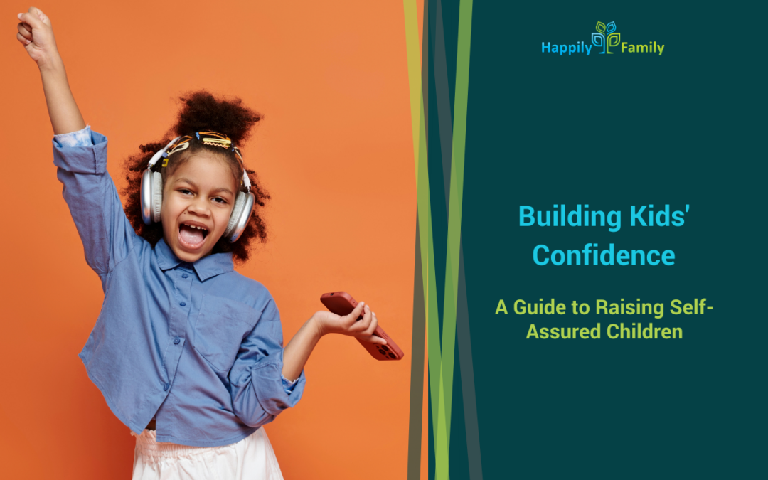 A young black girl cheering with one hand raised and a cellphone in the other while wearing large over the ear headphones with the title "Building Kids' Confidence: A Guide to Raising Self-Assured-Children in blue and green text on a dark grey background