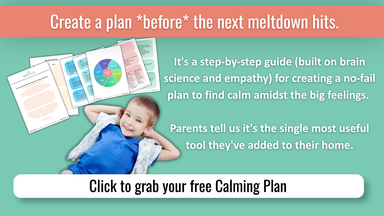 Header text: 'Create a plan before the next meltdown hits.' Body text: 'It's a step-by-step guide (built on brain science and empathy) for creating a no-fail plan to find calm amidst the big feelings. Parents tell us it's the single most useful tool they've added to their home.' Photo shows a smiling boy in a blue shirt lying down with hands behind his head, next to preview pages of the Calming Plan workbook including a colorful wheel diagram. Button reads 'Click to grab your free Calming Plan.'
