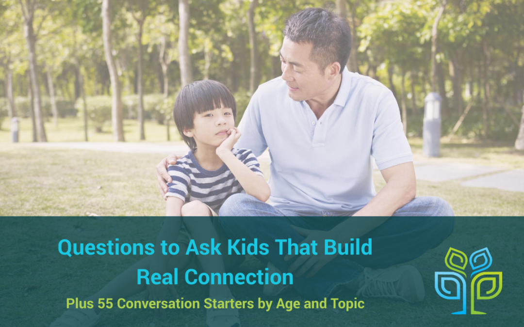 An adult and a child sit together on grass in a park, talking and smiling. Text overlay reads: "Questions to Ask Kids That Build Real Connection. Plus 55 Conversation Starters by Age and Topic.