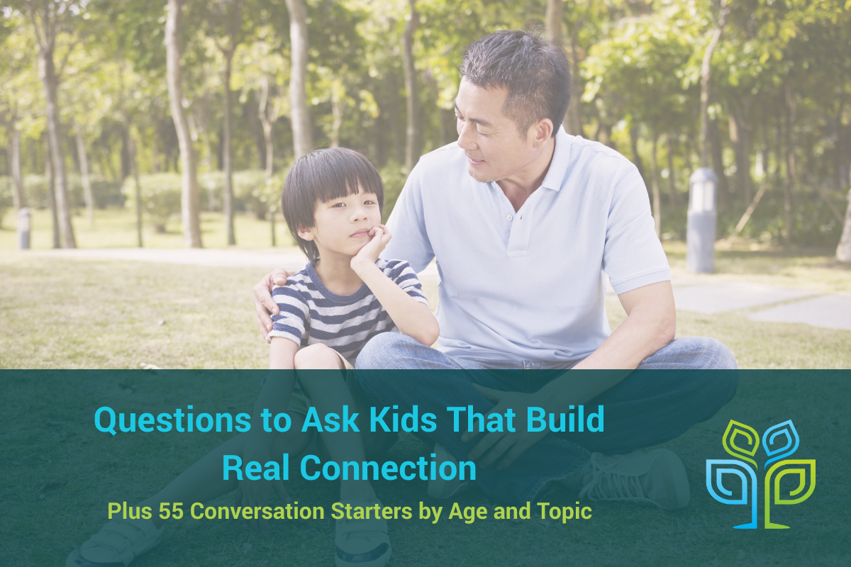 An adult and a child sit together on grass in a park, talking and smiling. Text overlay reads: "Questions to Ask Kids That Build Real Connection. Plus 55 Conversation Starters by Age and Topic.